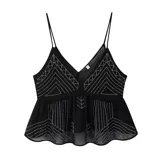 Blusa negra con breteles finos y escote en V, con detalles de líneas de mostacillas blancas formando figuras geométricas. Corte holgado con volado en la parte inferior.