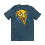 Remera azul petróleo de algodón con estampa en la espalda de una porción de pizza con cara y texto circular.