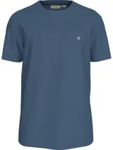 Remera azul de algodón con cuello redondo y logo CK bordado en el pecho.