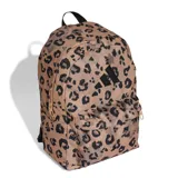 Mochila Adidas Classic con estampado animal print en tonos marrones y negros. Cuenta con el logo de Adidas en el frente, un bolsillo frontal con cierre y correas ajustables.