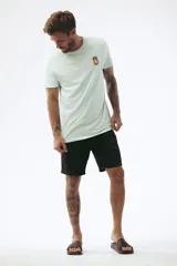 Remera celeste de corte clásico con cuello redondo y manga corta. Estampado pequeño en el pecho.