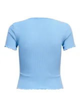 Top color azul ultramarino de manga corta y cuello redondo, con tejido acanalado.