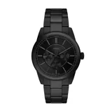 Reloj Fossil modelo Pearson, con caja y malla de acero inoxidable color negro. La esfera negra tiene efecto rayos de sol y subesferas que indican el día, la fecha y el formato de 24 horas.