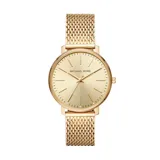 Reloj Michael Kors modelo Pyper, color dorado con caja de acero de 38mm, cristal mineral y pulsera de malla.