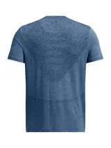 Remera deportiva gris jaspeado de corte clásico, con cuello redondo y mangas cortas. Confeccionada con tejido de punto transpirable y tecnología seamless para mayor comodidad.