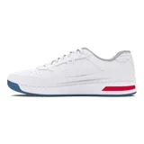 Zapatillas de corte bajo color blanco con detalles en azul y rojo, diseñadas para ser ligeras y cómodas.