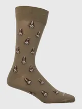 Calcetín de vestir de largo medio, color taupe (marrón verdoso), con estampado repetitivo de perros Basset Hound en tonos marrón y blanco.