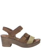 Sandalias de cuero con plataforma y taco de 6 cm. Tiras de cuero color marrón, naranja y amarillo.