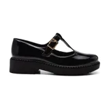 Zapato casual negro de charol con correa tipo Mary Jane, hebilla dorada y plataforma con suela track.
