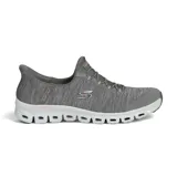 Championes deportivos Skechers Hands Free Slip-ins Glide-Step Peak, color gris jaspeado con detalles en rosa. Diseño sin cordones con ajuste elástico, plantilla Air-Cooled Memory Foam y entresuela Glide-Step.