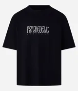 Remera negra de corte boxy con estampa frontal de Gasparin psicodélico.