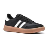 Championes Adidas Samba blancos con detalles en negro y gris. La suela es de goma color caramelo.