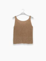 Musculosa tejida en hilo de lurex color dorado, con escote redondo y logo de Polonio en cobre.