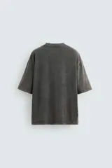Camiseta gris con efecto lavado, cuello redondo y manga corta. Estampado frontal con conejo, texto y efecto de pintura.