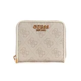 Billetera pequeña Guess Laurel con cierre de cremallera, color beige con estampado del logo de la marca en relieve y detalles dorados.