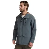 Campera azul grisáceo con capucha y forro interior en color arena. Tiene cierre frontal con botones a presión, múltiples bolsillos y logo de la marca en el pecho.