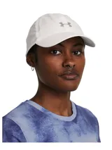 Gorro deportivo Under Armour Launch para mujer, color blanco con logo reflectivo en gris. Diseño ligero y transpirable con banda interior para absorber el sudor.