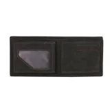 Billetera de cuero sintético color negro con costuras color naranja.