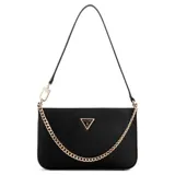 Cartera de hombro Guess Noelle color negro con correa fina y cadena dorada decorativa.