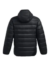 Campera inflada color beige con capucha, cierre frontal completo y logo de Under Armour bordado en el pecho.