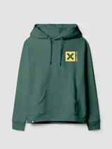 Buzo hoodie azul marino con capucha y cordones ajustables, de corte holgado y puños elásticos. Presenta un estampado en la espalda con una cruz dorada dentro de un cuadrado y texto en japonés.