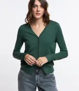 Cardigan verde oscuro de viscosa con escote en V y cierre frontal con botones.