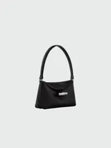 Bolso hobo pequeño Longchamp Le Roseau, color negro, con asa corta para llevar al hombro y cierre con broche metálico plateado.