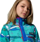 Buzo polar Columbia unisex con estampado de Mickey Mouse esquiando, cierre de botones a presión en el cuello y detalles en color fucsia.