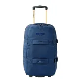 Bolso de viaje azul de 45 litros, con ruedas y mango extensible para fácil transporte.