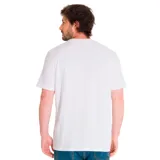 Remera blanca de algodón con logo de Caterpillar (CAT) estampado en el pecho, con letras negras y fondo a rayas diagonales amarillas.