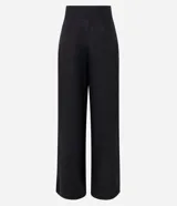 Pantalón pantalona de viscolino color gris oscuro, de corte acampanado amplio, con cierre en la cintura y pliegues.