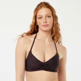 Sujetador de bikini con estampado de leopardo en tonos marrones y negros, con tirantes finos que se atan al cuello y a la espalda.