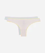 Pack de dos bombachas tipo tanga de algodón texturizado, una color celeste y otra color beige con ribetes amarillos.