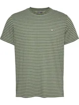 Remera Tommy Jeans verde militar con rayas horizontales blancas, cuello redondo y logo bordado en el pecho. Corte slim.