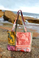 Bolso de playa estampado con caballos, de lona 100% algodón doble.