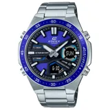 Reloj Casio Edifice analógico-digital con caja y brazalete de acero inoxidable plateado. Presenta una esfera con fondo azul vibrante y detalles en negro, manecillas plateadas y marcadores de hora gruesos. Incluye una subesfera digital en la parte inferior que muestra la hora (6:30) y el día (SUN), además de indicadores para funciones como "10 YEAR BATTERY", "MODE", y "COUNTDOWN TIMER". El bisel exterior es azul con marcadores de minutos.