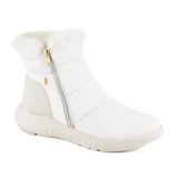Bota corta blanca de cuero con detalle de piel sintética en el borde superior, cierre lateral con cremallera dorada y suela deportiva.