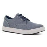 Zapato casual acordonado de lona color azul con rayas horizontales blancas, suela de goma blanca y forro interior azul.