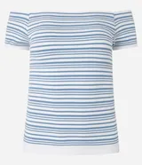 Blusa de poliamida seamless con escote recto hombro a hombro, mangas cortas y patrón de rayas horizontales.