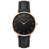 Reloj Rosefield modelo Bowery BBBR-B11 con caja redonda de acero rosado, esfera negra minimalista y correa de cuero negra.