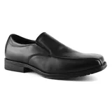 Zapato de vestir marrón de cuero liso, con puntera redondeada y suela negra.