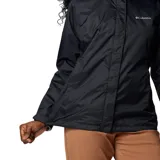 Campera impermeable Columbia Arcadia II color celeste, con capucha ajustable, cierre frontal con solapa, bolsillos con cierre y puños ajustables.