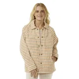Campera beige con estampado a cuadros, cuello camisero, cierre con botones a presión, bolsillos laterales y diseño acolchado.