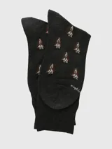 Calcetín formal de largo medio, color gris oscuro, con estampado repetitivo de la cabeza de un perro Basset Hound en tonos marrón y blanco.