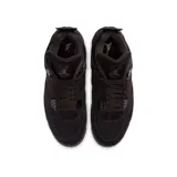 Zapatillas Jordan 4 Retro Black Cat, totalmente negras, con detalles de rejilla y suela con cámara de aire visible.