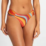 Braguita de bikini brasileña con estampado psicodélico en tonos naranja, amarillo, azul y marrón.