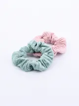 Pack de dos coleros de pelo de tela con textura acanalada, uno color verde agua y otro color rosa.
