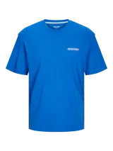 Camiseta azul de manga corta y cuello redondo, marca Jack & Jones, con logo estampado en el pecho.