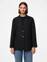 Blazer negro de corte oversize con solapas de muesca, cierre con dos botones y bolsillos delanteros con solapa. Decorado con pequeños cristales plateados.