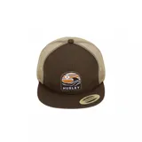 Gorro tipo trucker de la marca Hurley, con paneles frontales y visera de color marrón oscuro y paneles traseros de malla color beige. Presenta un parche bordado con un diseño de ola y atardecer, y el texto "HURLEY". Incluye cordón decorativo trenzado en la unión de la visera y el frente.
